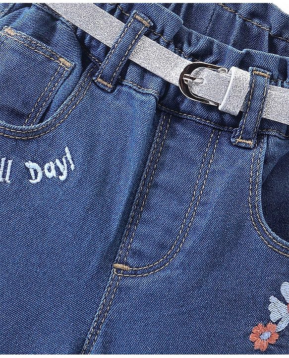 Babyhug Full length Jeans With Stretch with Belt &  Floral Embroidery - Blue