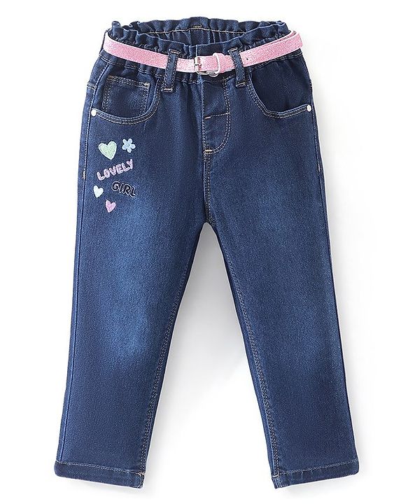 Babyhug Full Length Jeans With Stretch & Text Embroidered - Blue