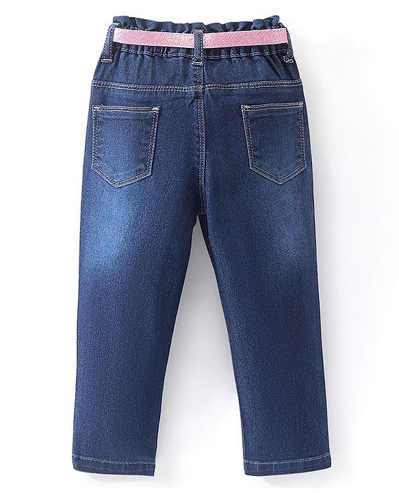 Babyhug Full Length Jeans With Stretch & Text Embroidered - Blue