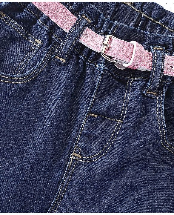 Babyhug Full Length Jeans With Stretch & Text Embroidered - Blue