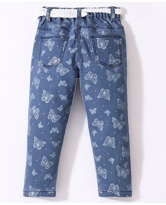 Babyhug Denim Full Length Stretchable Washed Jeans With Butterfly Print - Blue