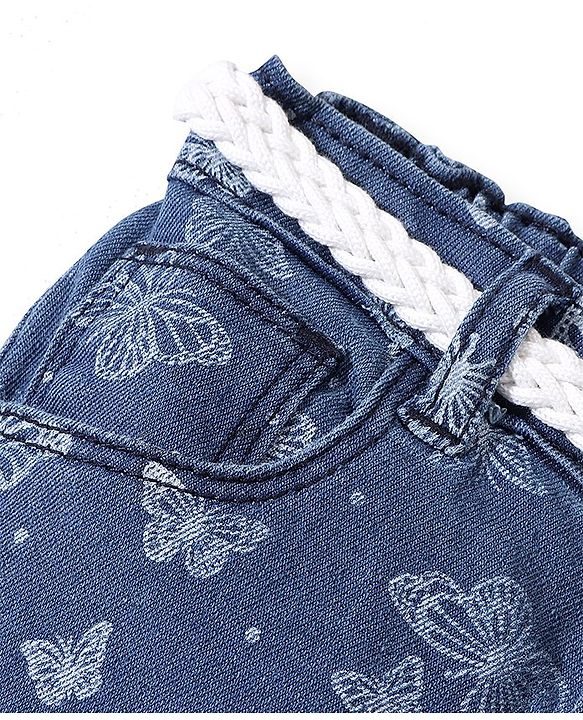 Babyhug Denim Full Length Stretchable Washed Jeans With Butterfly Print - Blue