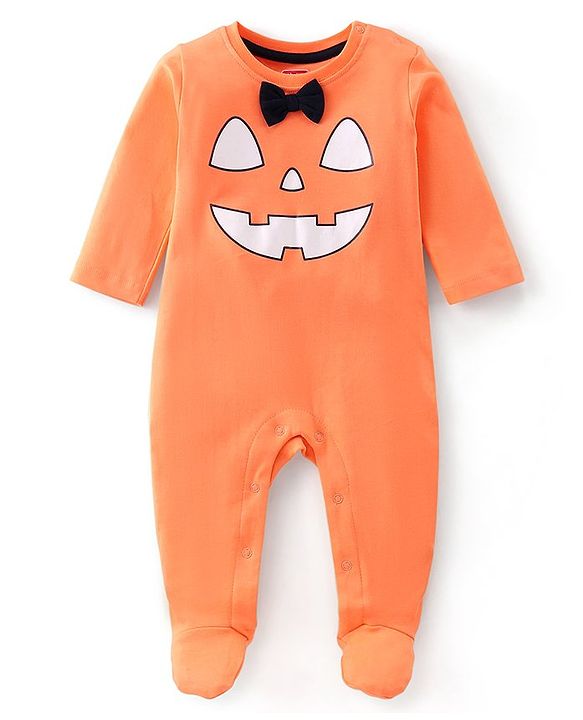 Babyhug Cotton Knit Full Sleeves Halloween Printed Footed Night Suit With Bow Applique - Orange