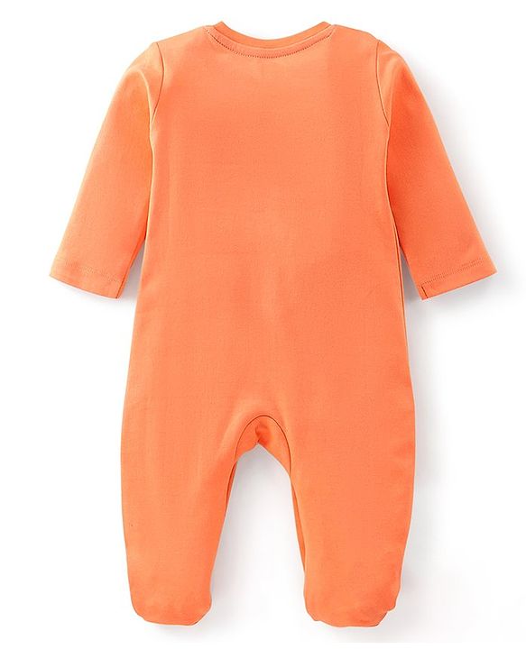 Babyhug Cotton Knit Full Sleeves Halloween Printed Footed Night Suit With Bow Applique - Orange
