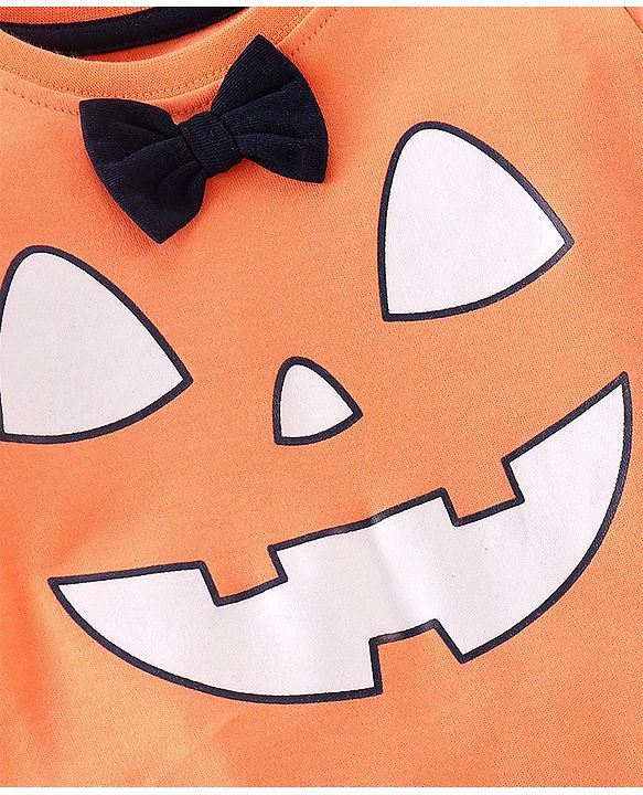 Babyhug Cotton Knit Full Sleeves Halloween Printed Footed Night Suit With Bow Applique - Orange