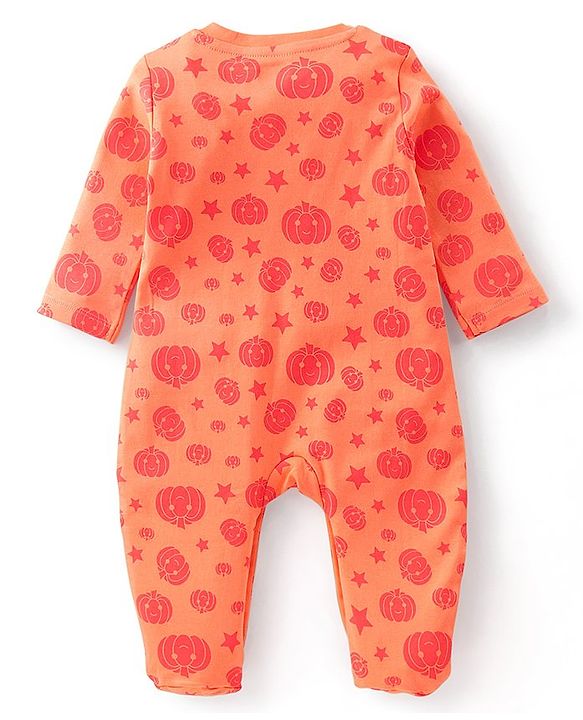 Babyhug Cotton Knit Full Sleeves Pumpkin Printed Footed Night Suit - Orange