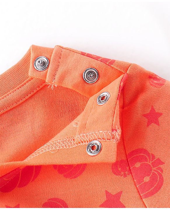 Babyhug Cotton Knit Full Sleeves Pumpkin Printed Footed Night Suit - Orange