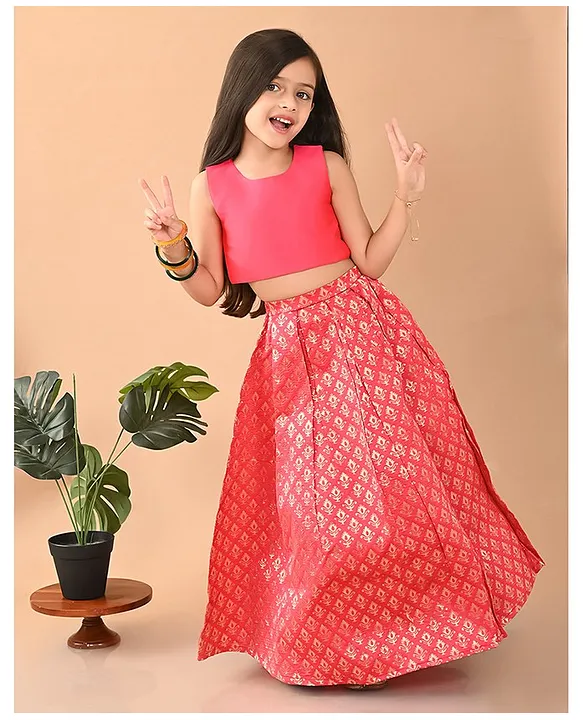 Pink Dupion Crop Top Gold Pleated Skirt lehenga - V7 by Vinya - 3684645