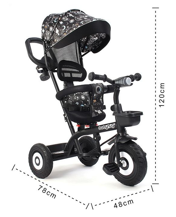 Babyhug Tricycle with Air Wheel Canopy & Parental Handle - Black