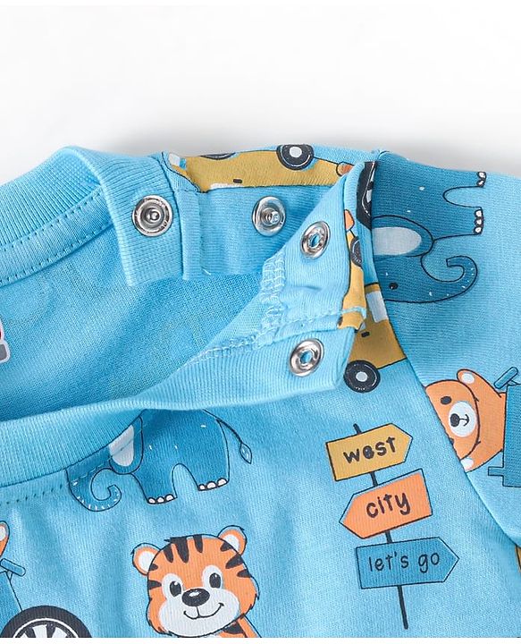 Babyhug Cotton Knit Full Sleeves Teddy Printed Night Suit - Blue