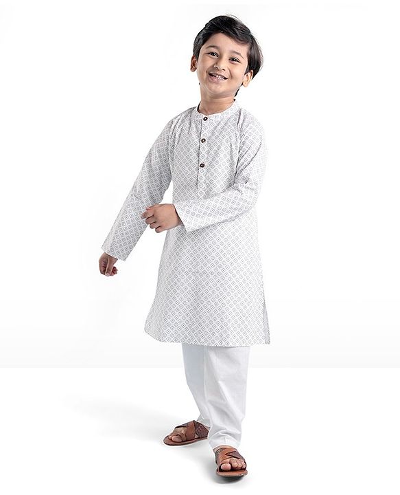 Babyhug 100% Cambric Full Printed Kurta Pyjama Set - White