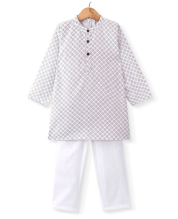 Babyhug 100% Cambric Full Printed Kurta Pyjama Set - White