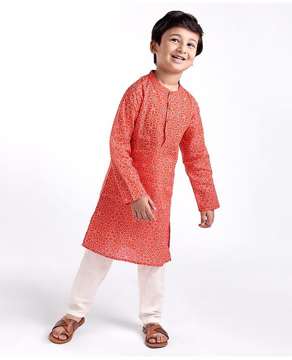 Babyhug Cotton Woven Full Sleeves Kurta and Pajama Set Floral Print - Red