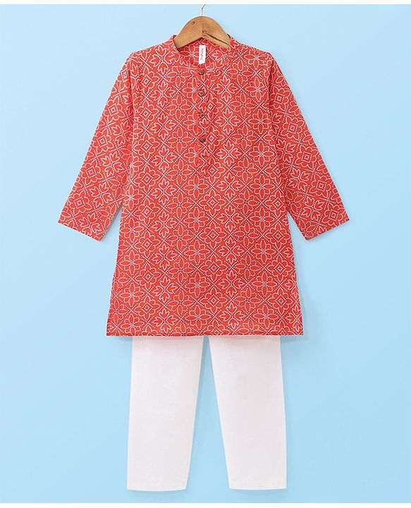 Babyhug Cotton Woven Full Sleeves Kurta and Pajama Set Floral Print - Red