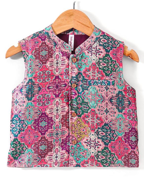 Babyhug Cotton Woven Full Sleeves Kurta & Pyjama Set with Printed Jacket - Magneta