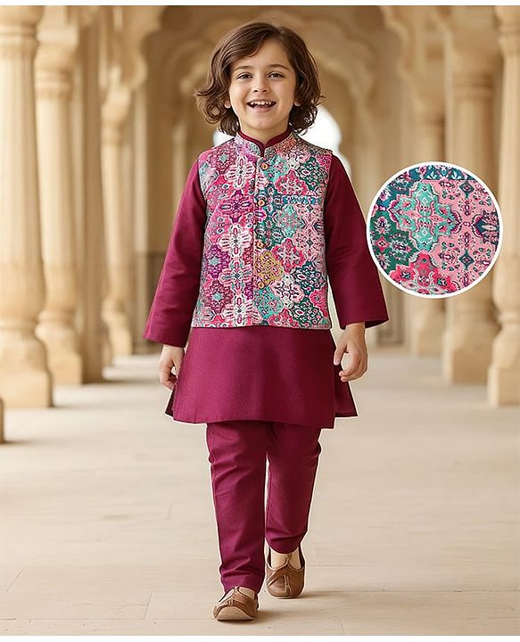 Babyhug Cotton Woven Full Sleeves Kurta & Pyjama Set with Printed Jacket - Magneta
