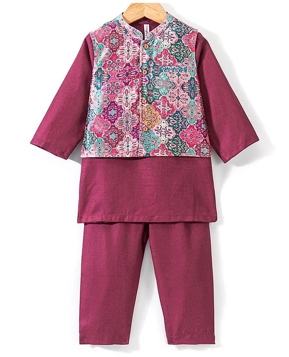 Babyhug Cotton Woven Full Sleeves Kurta & Pyjama Set with Printed Jacket - Magneta