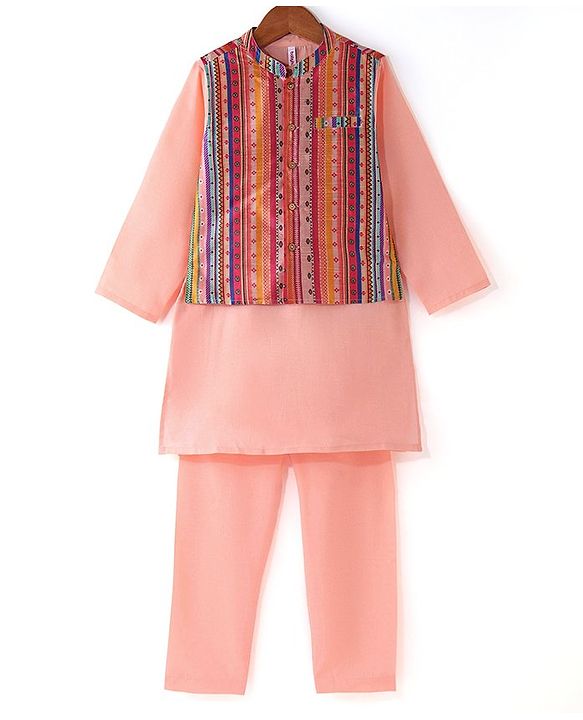 Babyhug 100% Cotton Full Sleeves Solid Colored Kurta Pyjama Set with Printed Jacket - Peach