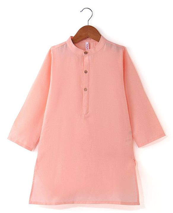 Babyhug 100% Cotton Full Sleeves Solid Colored Kurta Pyjama Set with Printed Jacket - Peach