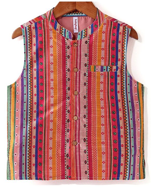 Babyhug 100% Cotton Full Sleeves Solid Colored Kurta Pyjama Set with Printed Jacket - Peach