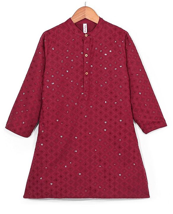 Babyhug Woven Full Sleeves Sequin Embroidered Kurta Payjama Set -Maroon