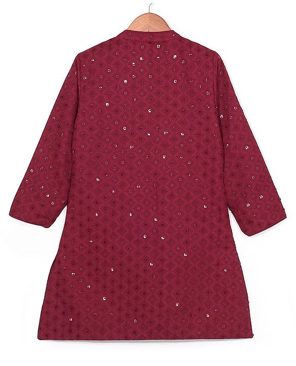Babyhug Woven Full Sleeves Sequin Embroidered Kurta Payjama Set -Maroon