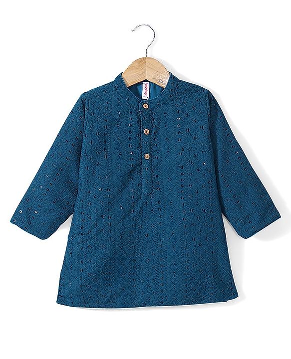 Babyhug Full Sleeves Schiflly Embroidered Kurta Pyjama Set - Teal