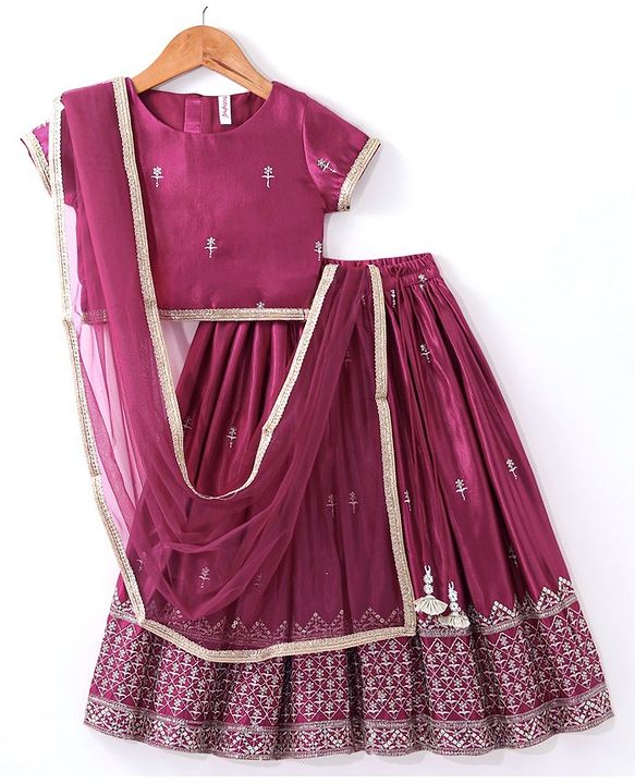 Babyhug Half Sleeves Gajji Silk  Choli with Embroidered Lehenga  and Dupatta - Hot Pink
