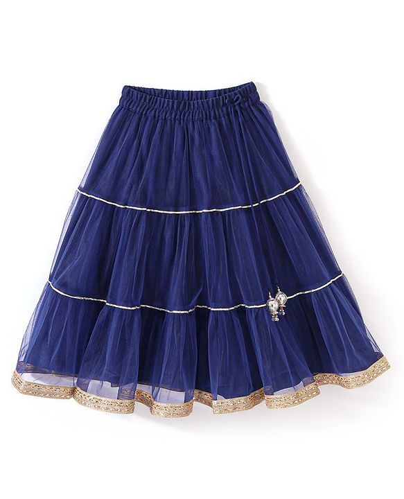 Babyhug Singlet Sleeves Mirror Embroidered  Choli with Net Lehenga & Dupatta Set - Royal Blue