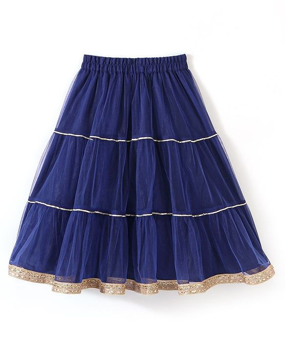 Babyhug Singlet Sleeves Mirror Embroidered  Choli with Net Lehenga & Dupatta Set - Royal Blue