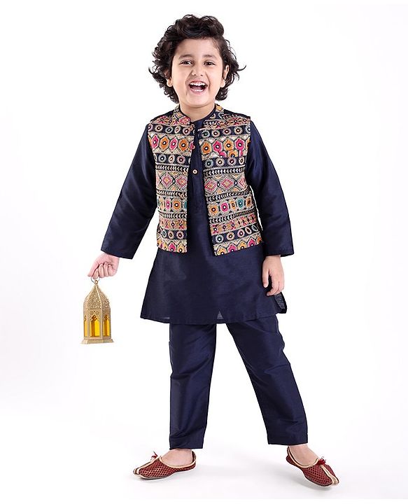 Babyhug Full Sleeves Solid Colour Kurta Payjama Set with Mirror Embroidered Jacket Navy Blue (Design May Vary)