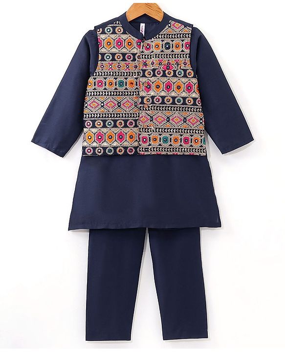 Babyhug Full Sleeves Solid Colour Kurta Payjama Set with Mirror Embroidered Jacket Navy Blue (Design May Vary)