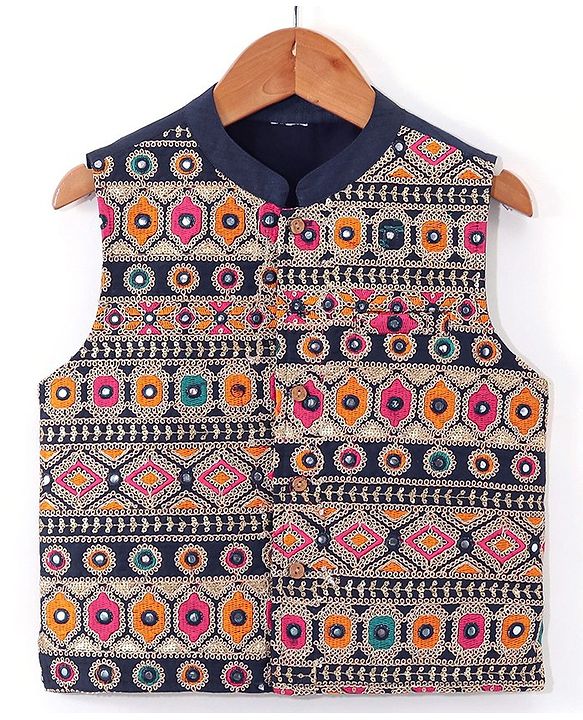 Babyhug Full Sleeves Solid Colour Kurta Payjama Set with Mirror Embroidered Jacket Navy Blue (Design May Vary)