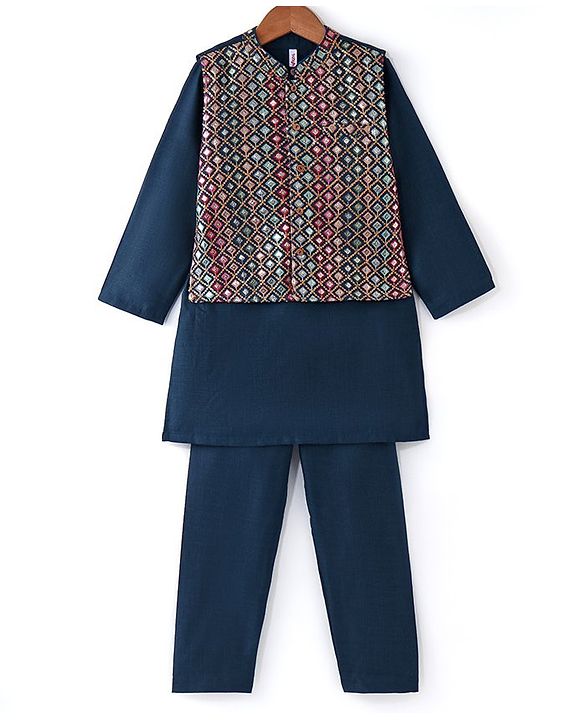 Babyhug Full Sleeves Solid Kurta Pyjama Set with Embroidered Jacket - Navy Blue