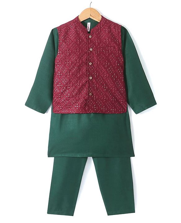 Babyhug Woven Full Sleeves Solid Colour Kurta & Pyjama Set with Embroidered  Jacket - Green