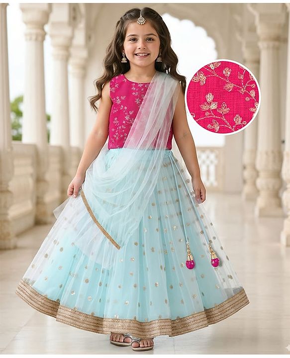 Babyhug Sleeveless Embroided Choli with Embroided Lehenga & Dupatta - Sky Blue