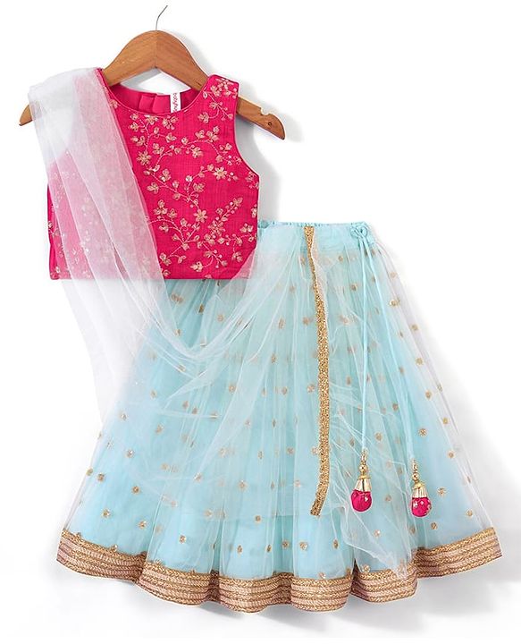 Babyhug Sleeveless Embroided Choli with Embroided Lehenga & Dupatta - Sky Blue
