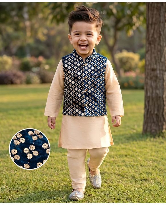 Babyhug Full Sleeves Solid Colour Kurta Payjama Set with Sequenced Embroidered Jacket -Beige