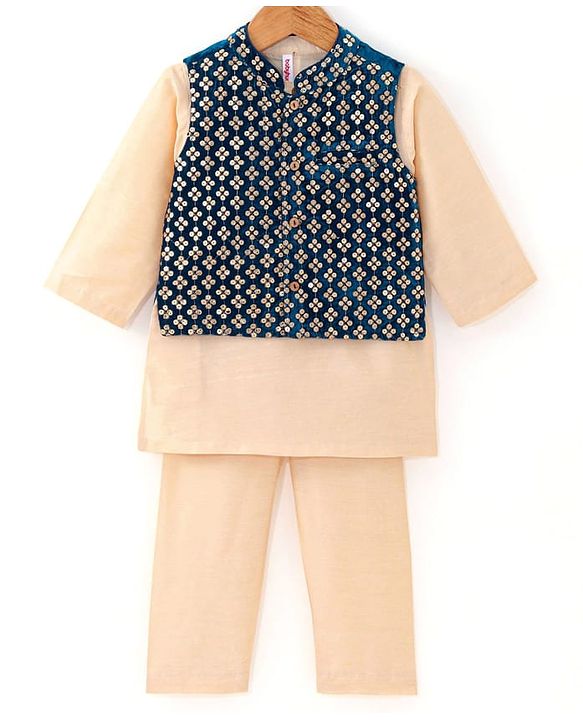 Babyhug Full Sleeves Solid Colour Kurta Payjama Set with Sequenced Embroidered Jacket -Beige