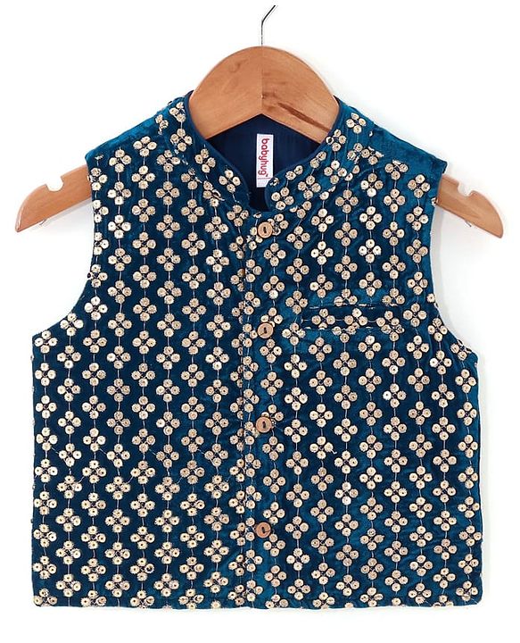 Babyhug Full Sleeves Solid Colour Kurta Payjama Set with Sequenced Embroidered Jacket -Beige