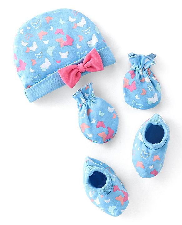 Babyhug 100% Cotton Knit Buitterfly Print Cap Mittens & Booties - Blue