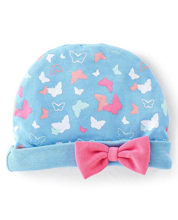 Babyhug 100% Cotton Knit Buitterfly Print Cap Mittens & Booties - Blue