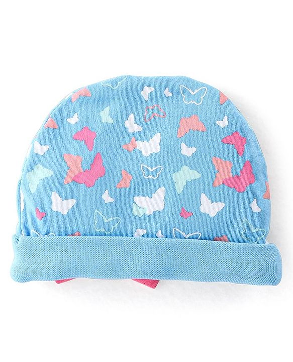 Babyhug 100% Cotton Knit Buitterfly Print Cap Mittens & Booties - Blue