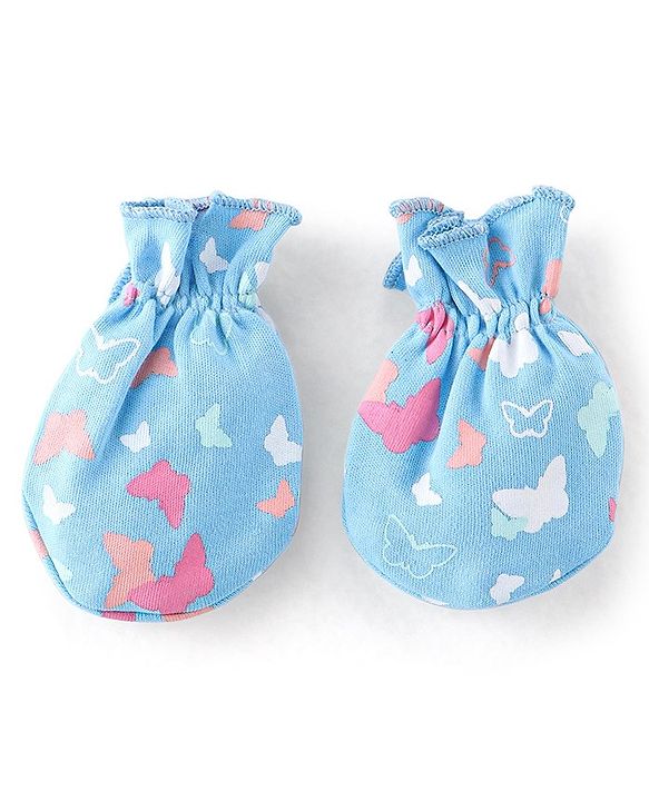 Babyhug 100% Cotton Knit Buitterfly Print Cap Mittens & Booties - Blue