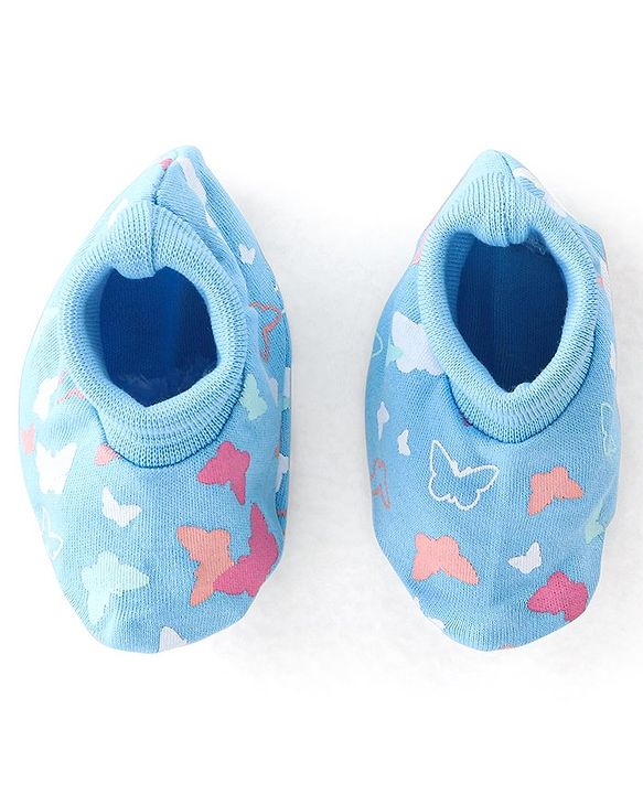 Babyhug 100% Cotton Knit Buitterfly Print Cap Mittens & Booties - Blue