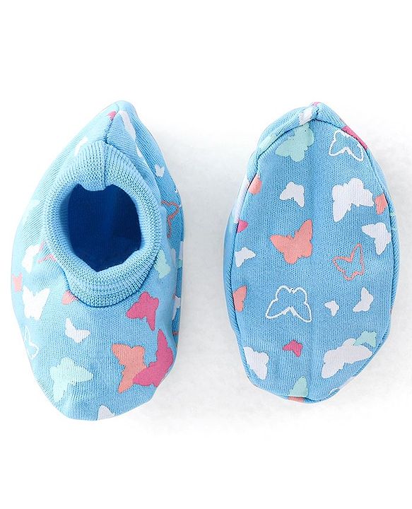 Babyhug 100% Cotton Knit Buitterfly Print Cap Mittens & Booties - Blue