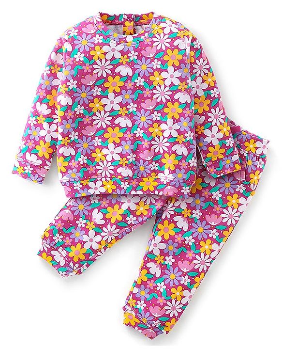 Babyhug Cotton Knit Full Sleeves T-Shirt & Lounge Pant Set Floral Print - Multicolour