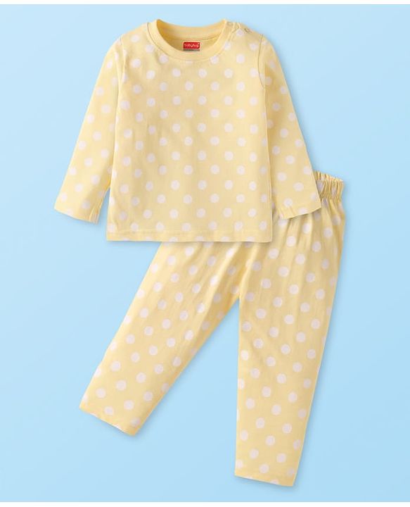 Babyhug Cotton Knit Full Sleeves Night Suit With Polka Dot Print - Yellow