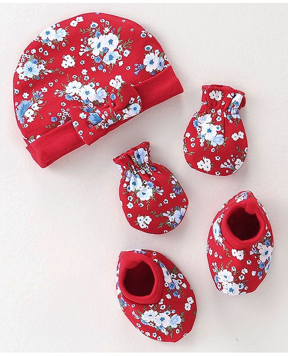 Babyhug 100% Cotton Knit Cap Mittens & Booties Set Floral Print - Red