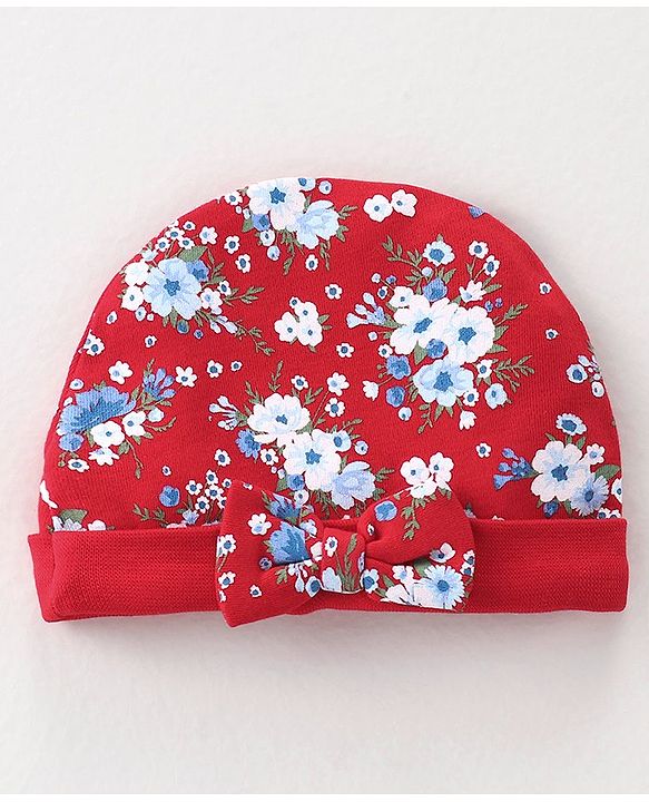 Babyhug 100% Cotton Knit Cap Mittens & Booties Set Floral Print - Red